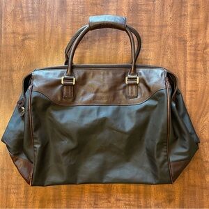 Cole Haan Brown Black Leather Nylon Weekender Travel Bag